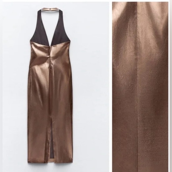 🤎❤️‍🔥Zara Metallic Bronze STUNNING Halterneck Midi Dress🤎❤️‍🔥SZ XS-NWT - Picture 4 of 16